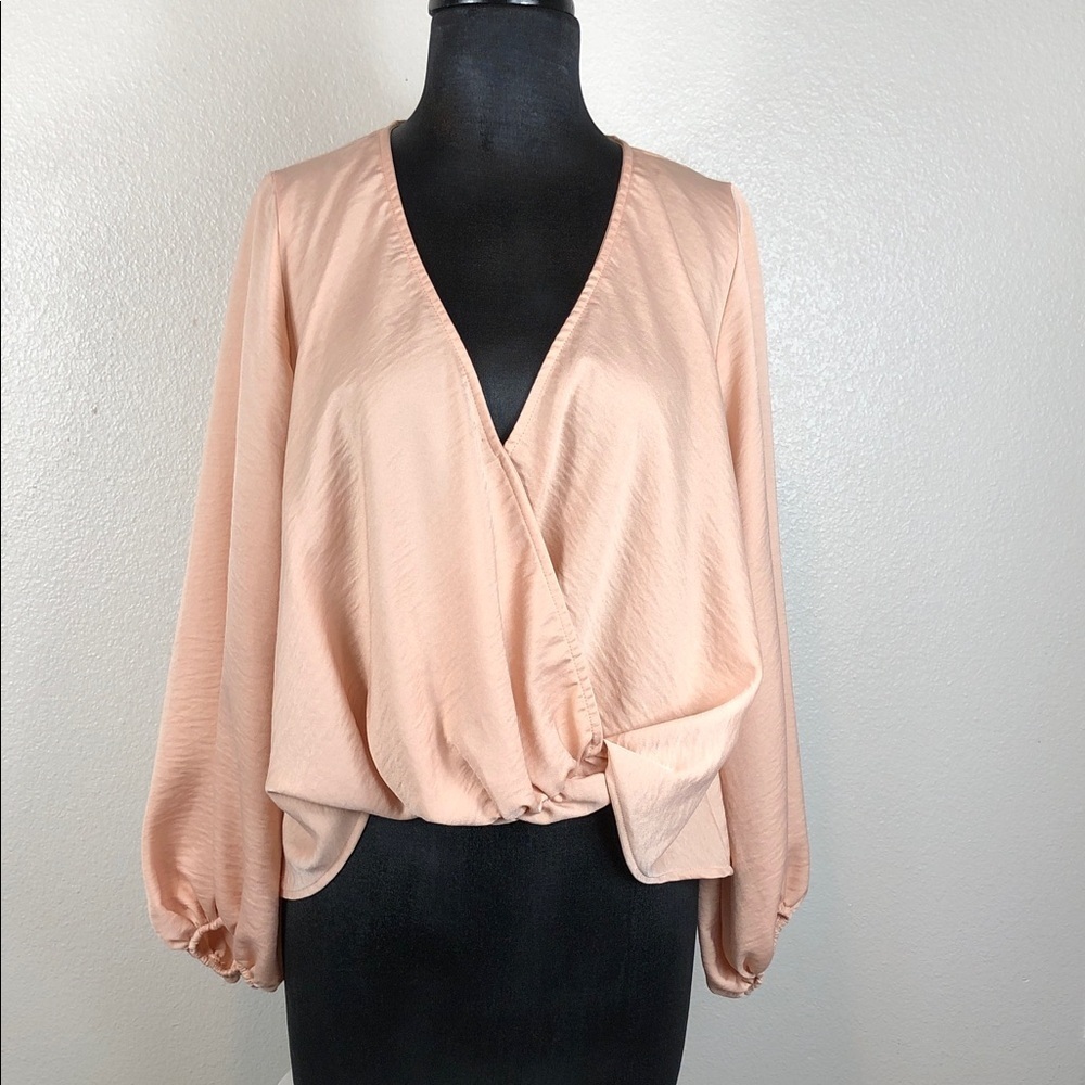 Blue Blush Blouse Light Pink Silky Faux Wrap Long Sleeve Top Size Small
